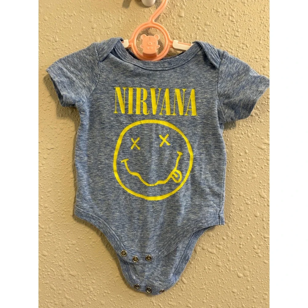 Grungecore Nirvana Baby Bodysuit Blue Heather Smiley Face Logo Romper 0-3‎ Month